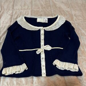 Anthropologie Guinevere   Navy and Cream Buttoned Frill Cardigan Size M